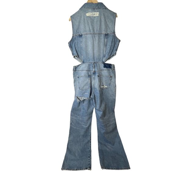 NWT Zara Full Length Denim Cut Out Jumpsuit Sz XL Sleeveless Distressed - Picture 6 of 16